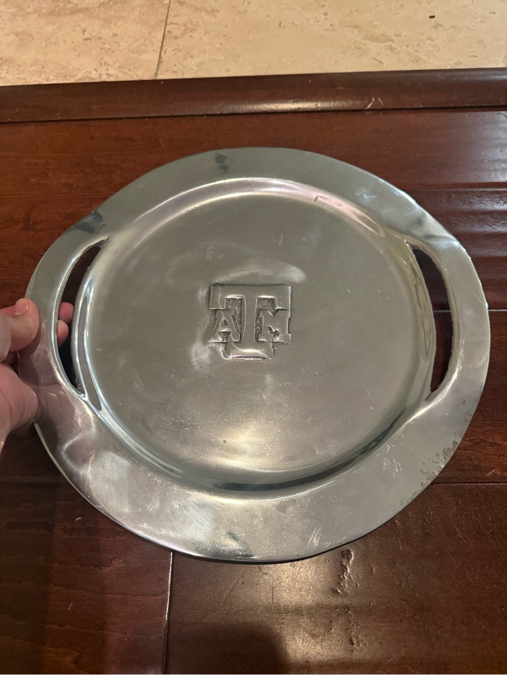 Monogrammed Metal Texas A&M Serving Tray with Double Handles - Silver Pewter